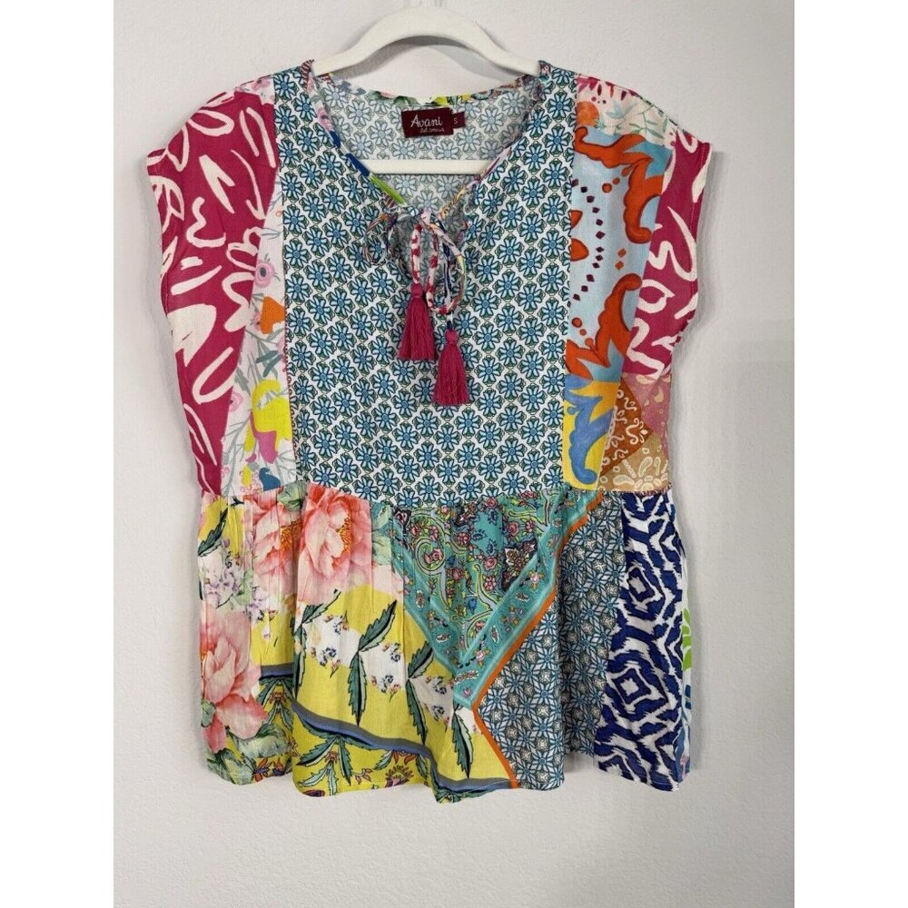 Avani‎ Del Amour Women's Small Multicolor Pattern Floral Top Tassel Tie Artsy